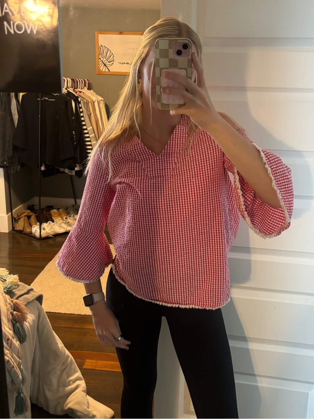 Hannah Red Gingham V-Neck Tunic with Fringe
